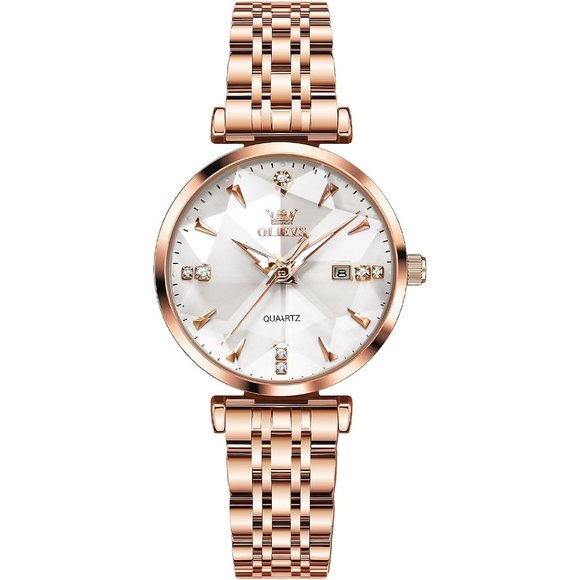 Women White Dial Rose Gold Stainless Steel Band Waterproof Watch main image 6